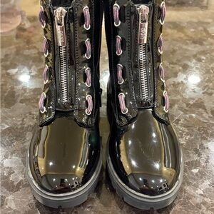 Black Patent Leather Boots with Pink Laces